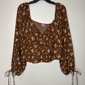 Mi Ami Francesca Crop Blouse Large Brown Floral Boho Smocked Cottagecore Prairie